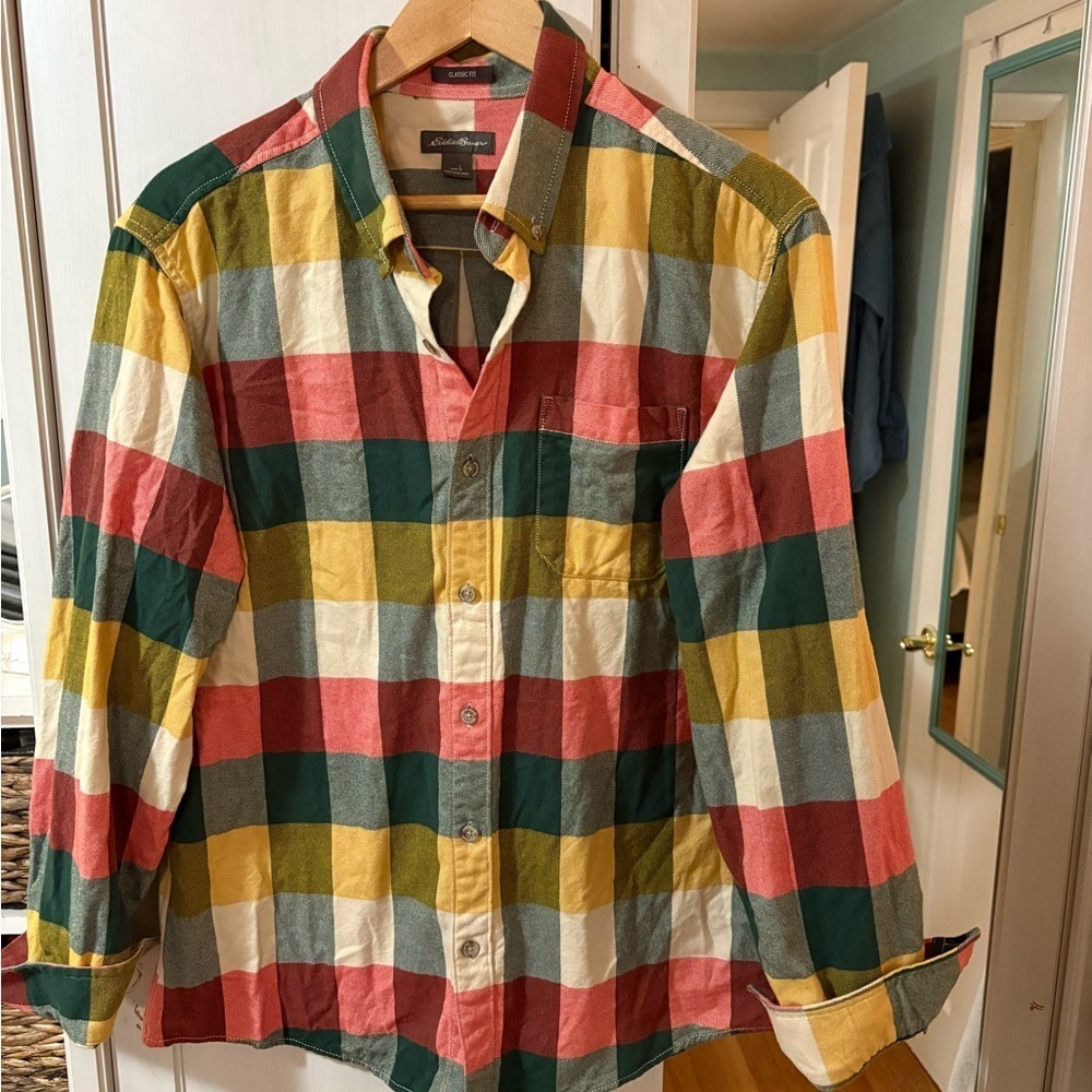 Gingham Flannel Button Down Eddie Bauer Large Excellent Condition - Picture 5 of 9
